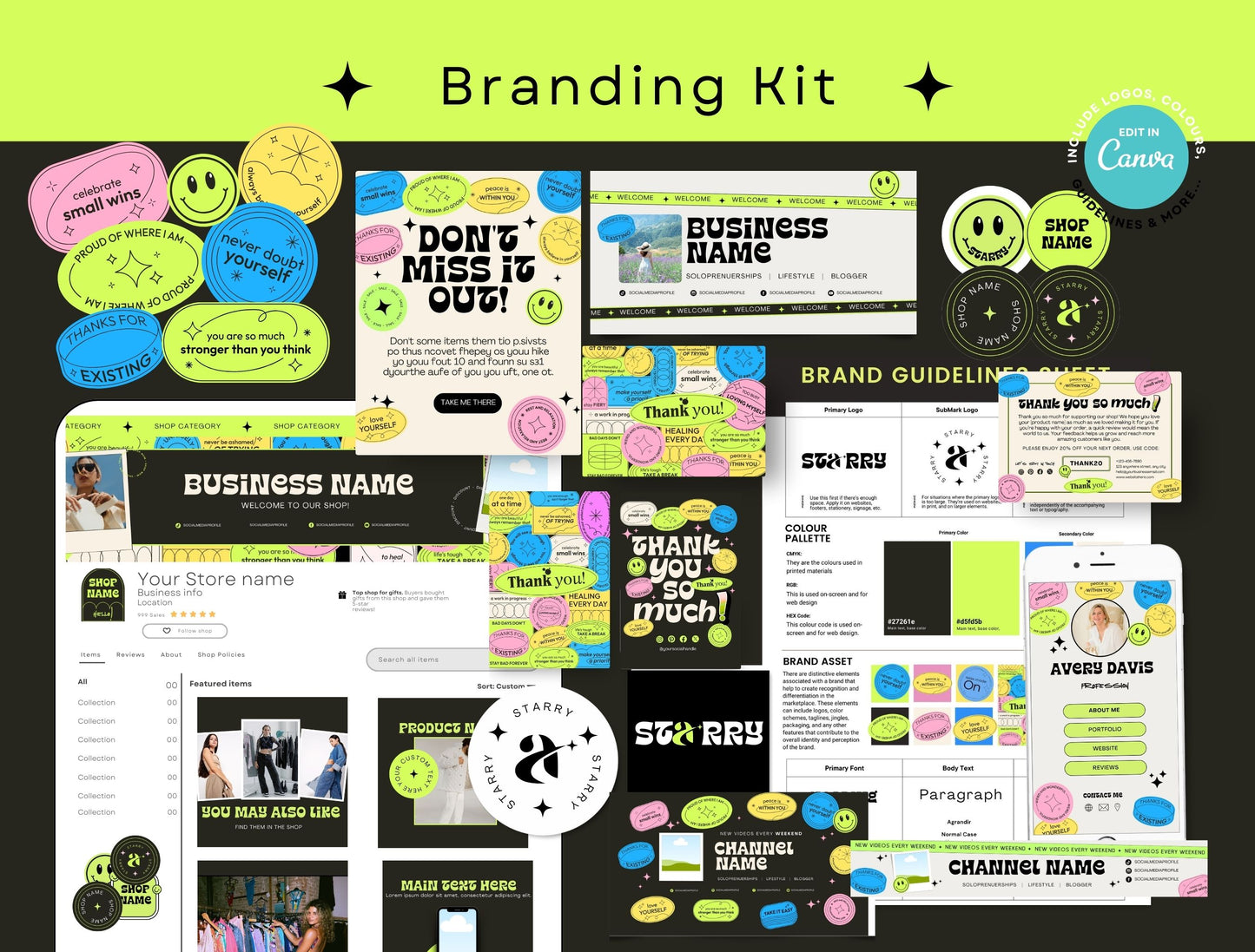Branding Kit Starry Canva Templates Product Fashion Coach Etsy Kit Black Green Theme