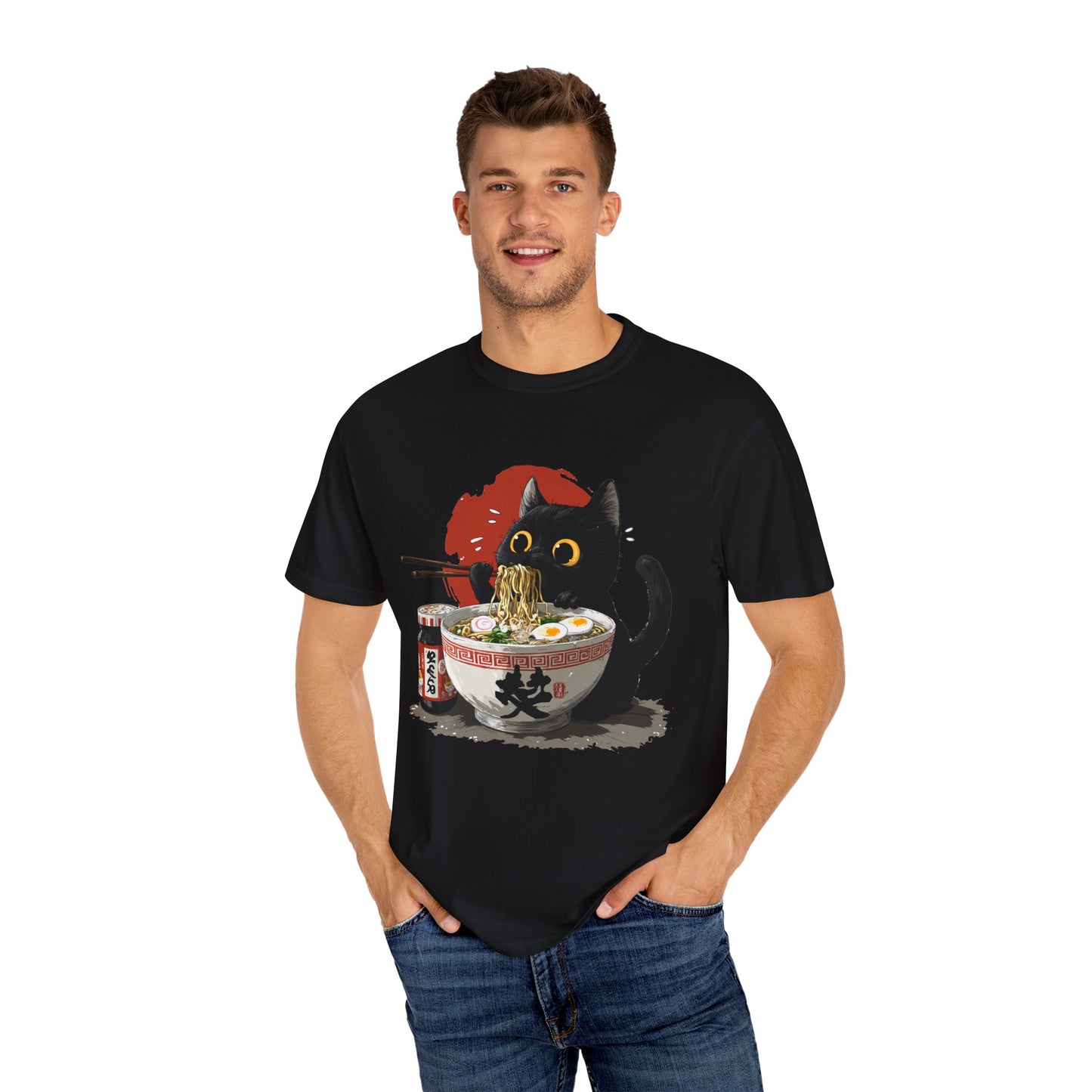 Cat eating ramen noodles Unisex Garment-Dyed T-Shirt - Casual Vintage Style for Everyday Wear