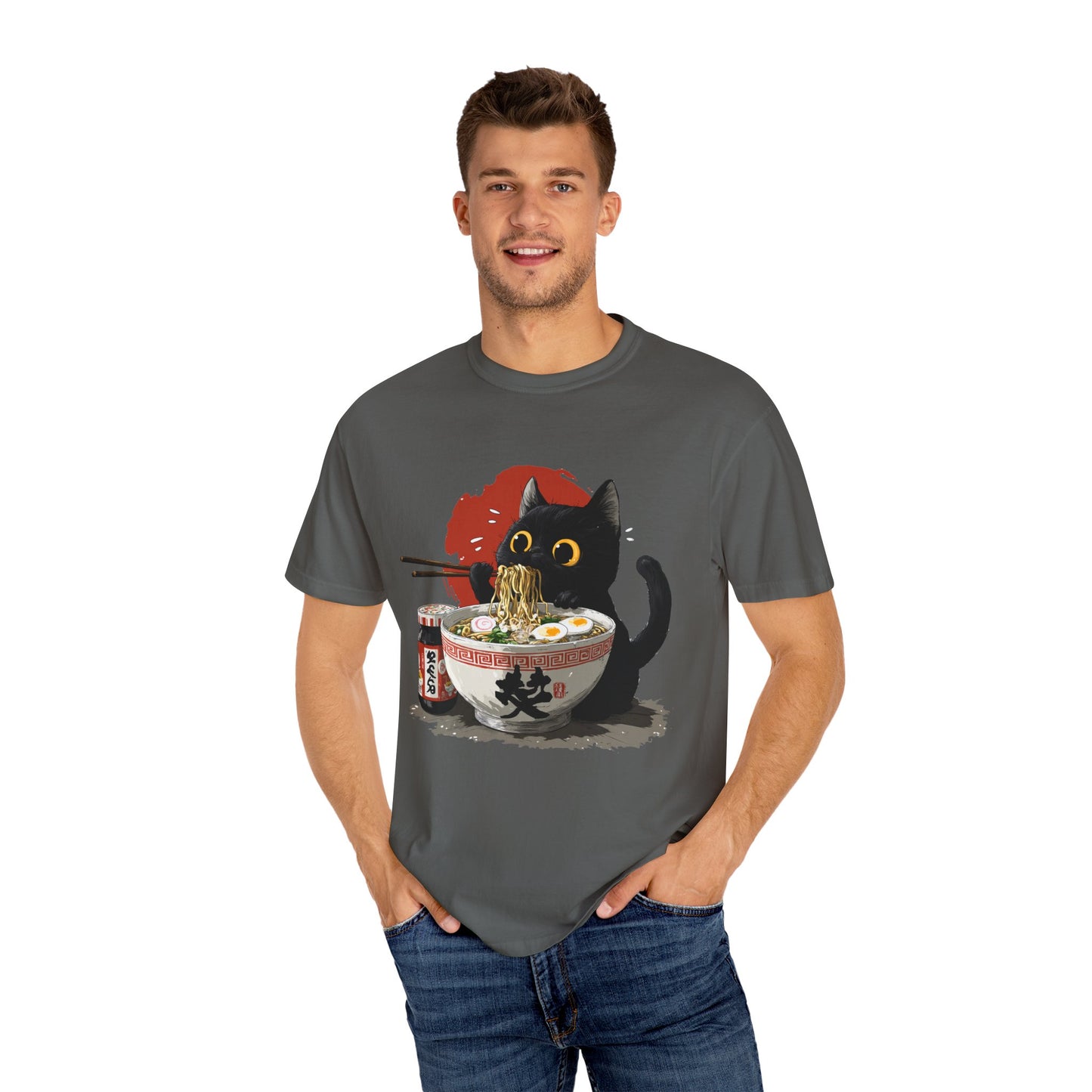 Cat eating ramen noodles Unisex Garment-Dyed T-Shirt - Casual Vintage Style for Everyday Wear