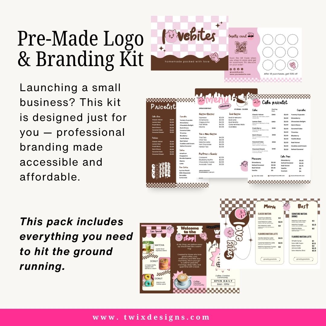 Branding Kit lovebites Editable Canva Templates Business Cards Marketing Posts Sweet Choco Pink Bakery Cafe Theme