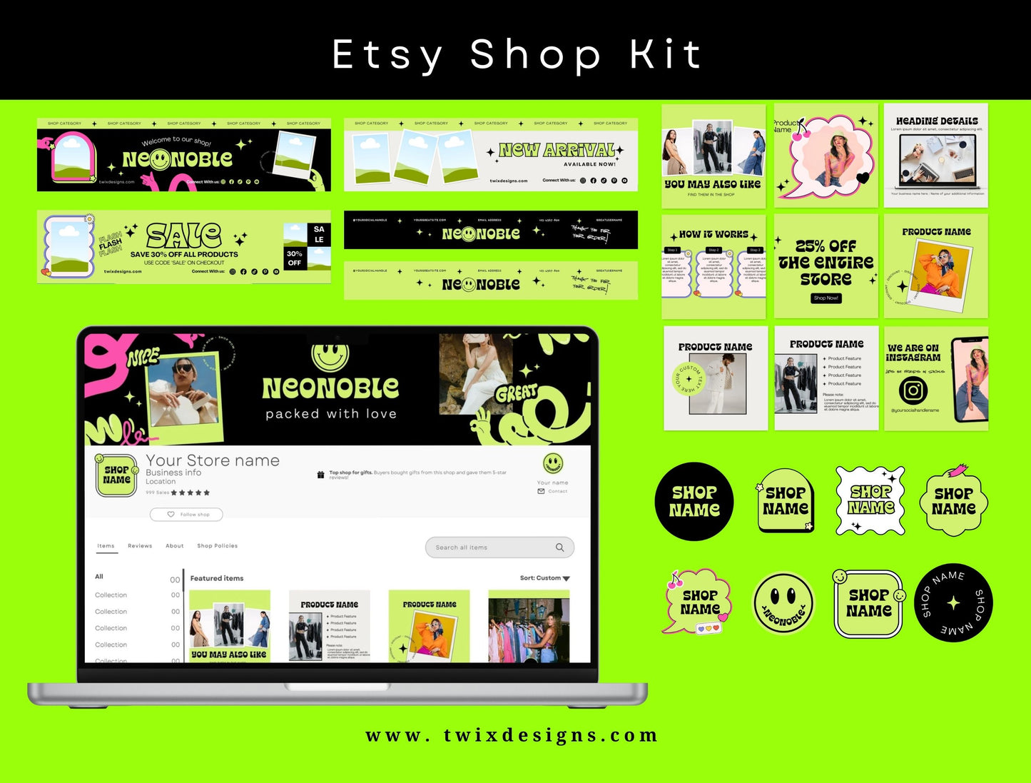 Branding Kit NeoNoble Canva Templates Product Fashion Coach Etsy Kit Black Green Theme