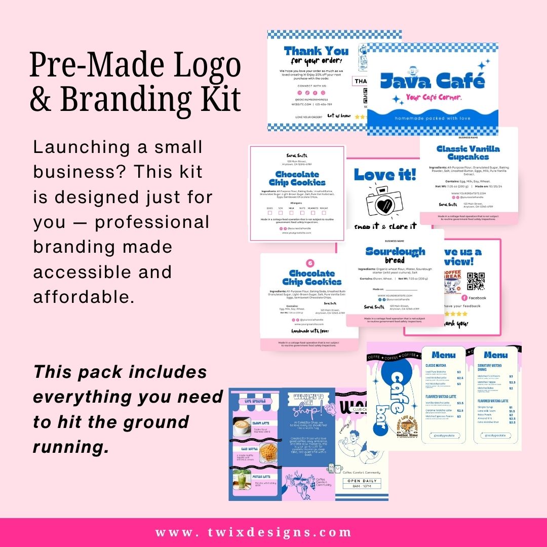 Branding Kit Java Cafe Editable Canva Templates Business Cards Marketing Posts Sweet Blue Pink Bakery Cafe Theme