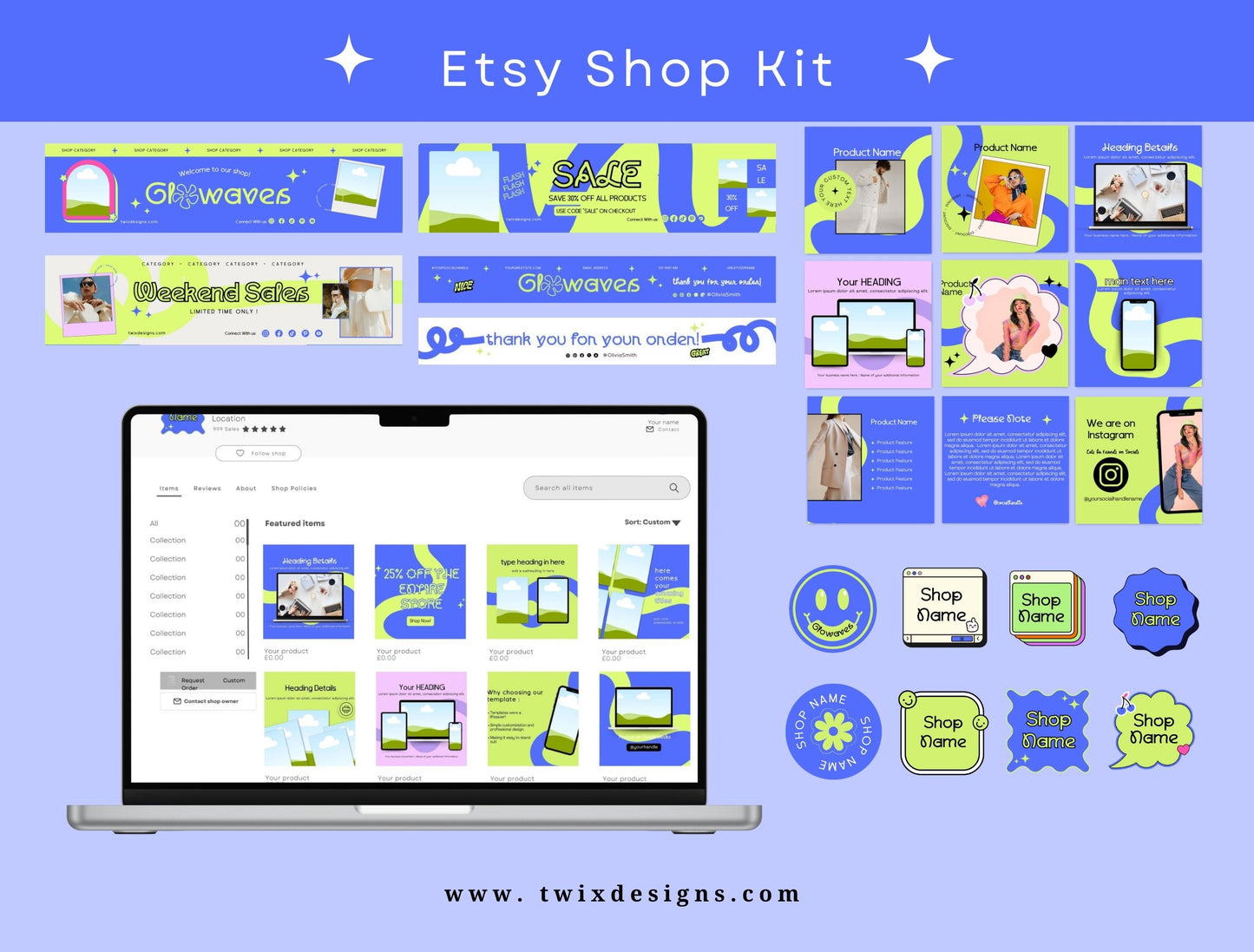 Branding Kit Glowaves Canva Templates Fashion Coach Etsy Kit Blue Green Theme