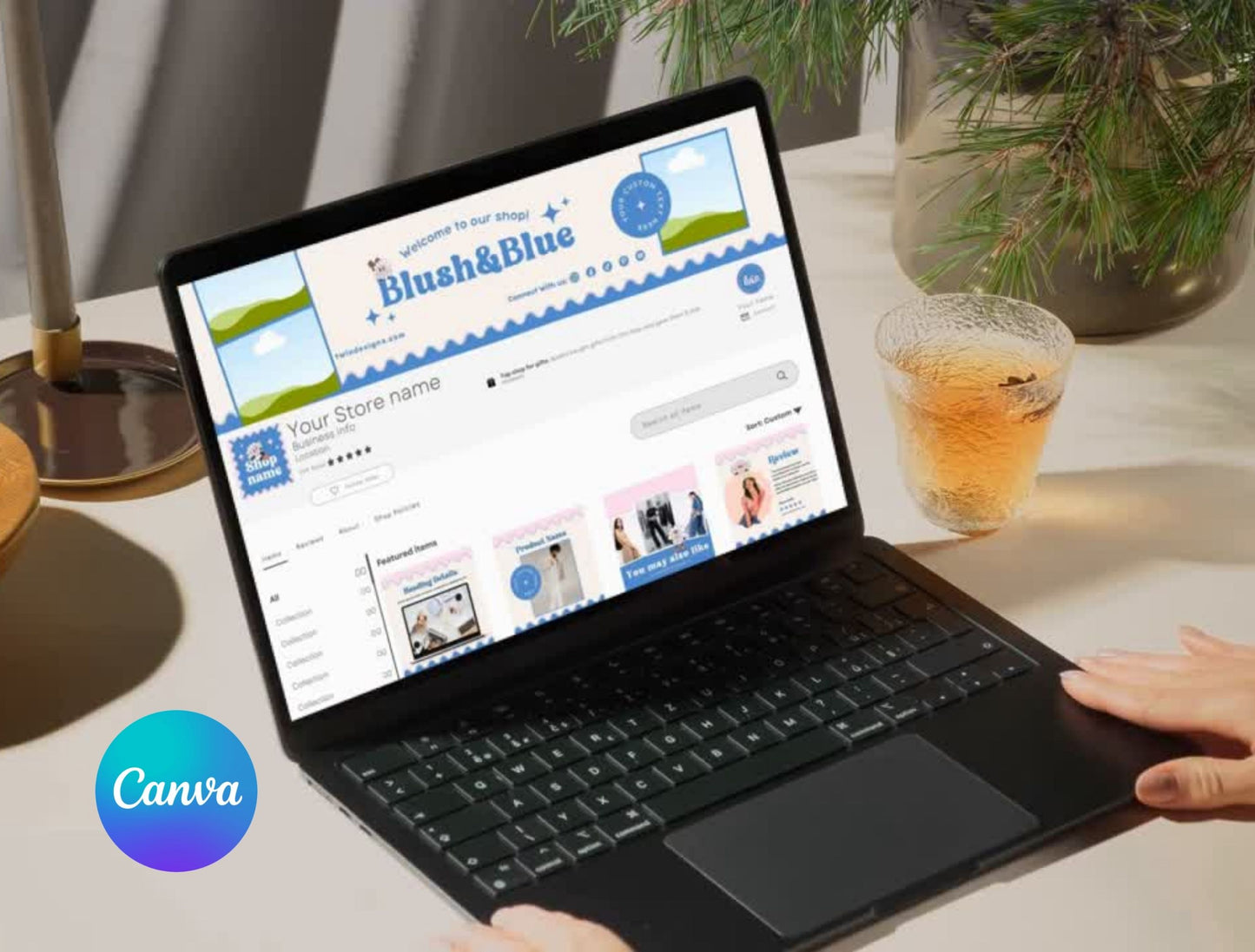 Etsy Shop Kit Blush&Blue Bundle, Editable Canva Templates, Product Listing Photos Mockup, Etsy Seller Store Branding