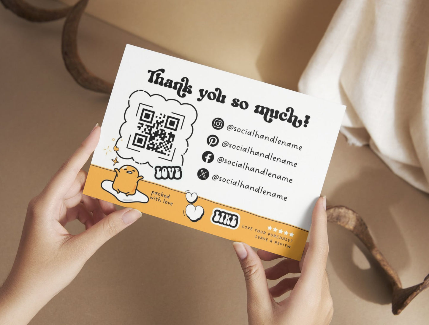 Small Business Printable Canva Templates – Thank You & Loyalty Card, Gift Certificate, QR Code Payment Gudetama Playful Fun Theme