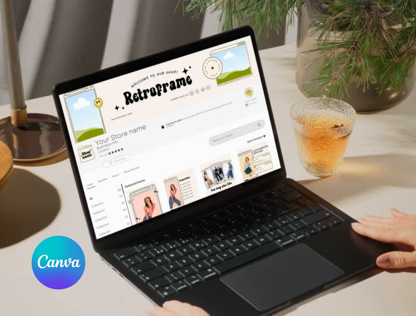 Etsy Shop Kit Retroframe Bundle, Editable Canva Templates, Product Listing Photos Mockup, Etsy Seller Retro Drawn Store Branding