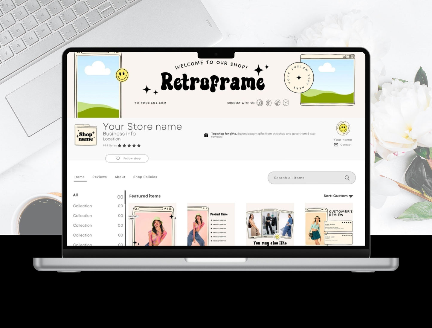 Etsy Shop Kit Retroframe Bundle, Editable Canva Templates, Product Listing Photos Mockup, Etsy Seller Retro Drawn Store Branding