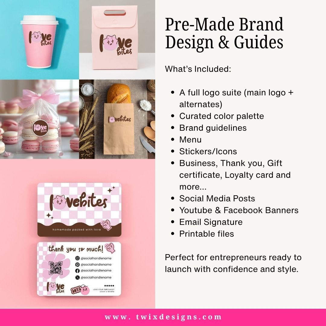Branding Kit lovebites Editable Canva Templates Business Cards Marketing Posts Sweet Choco Pink Bakery Cafe Theme