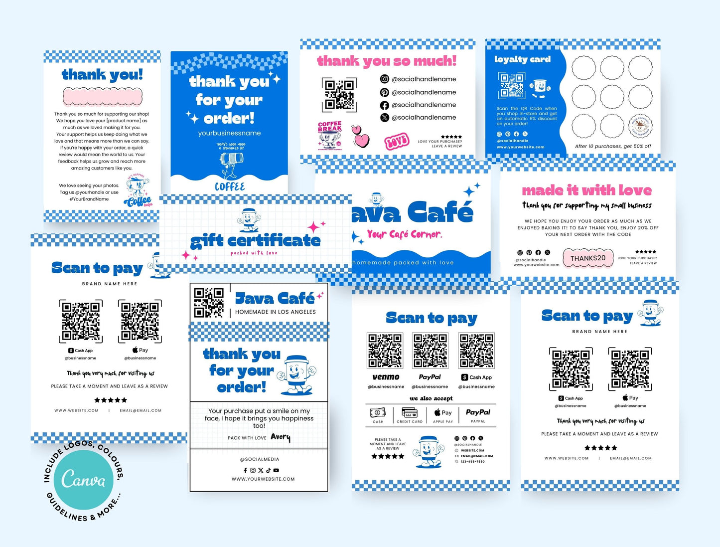 Small Business Printable Kit Canva Templates – Thank You Card, Loyalty Card, Gift Certificate, QR Code Payment JAva CafeTheme