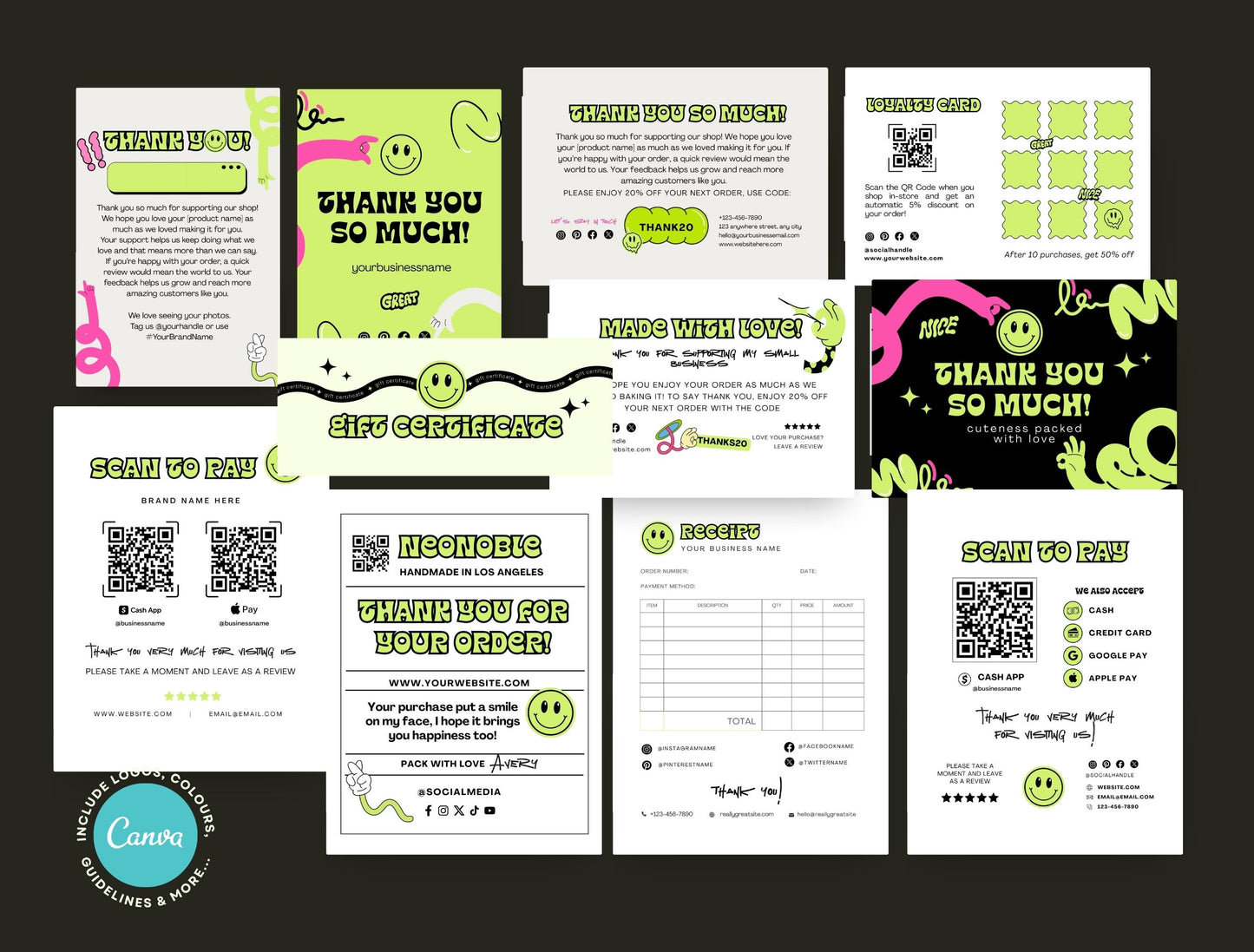 Small Business Printable Kit Canva Templates – Thank You Card, Loyalty Card, Gift Certificate, QR Code Payment NeoNoble Theme