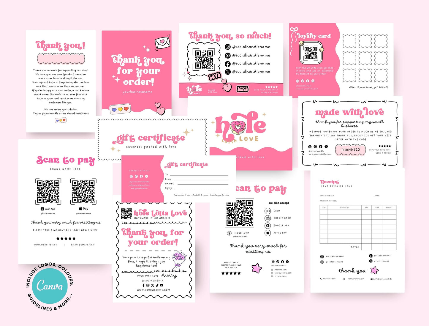 Small Business Printable Kit Canva Templates – Thank You Card, Loyalty Card, Gift Certificate, QR Code Payment Hole Lotta Love Bakery Pink Cafe Theme