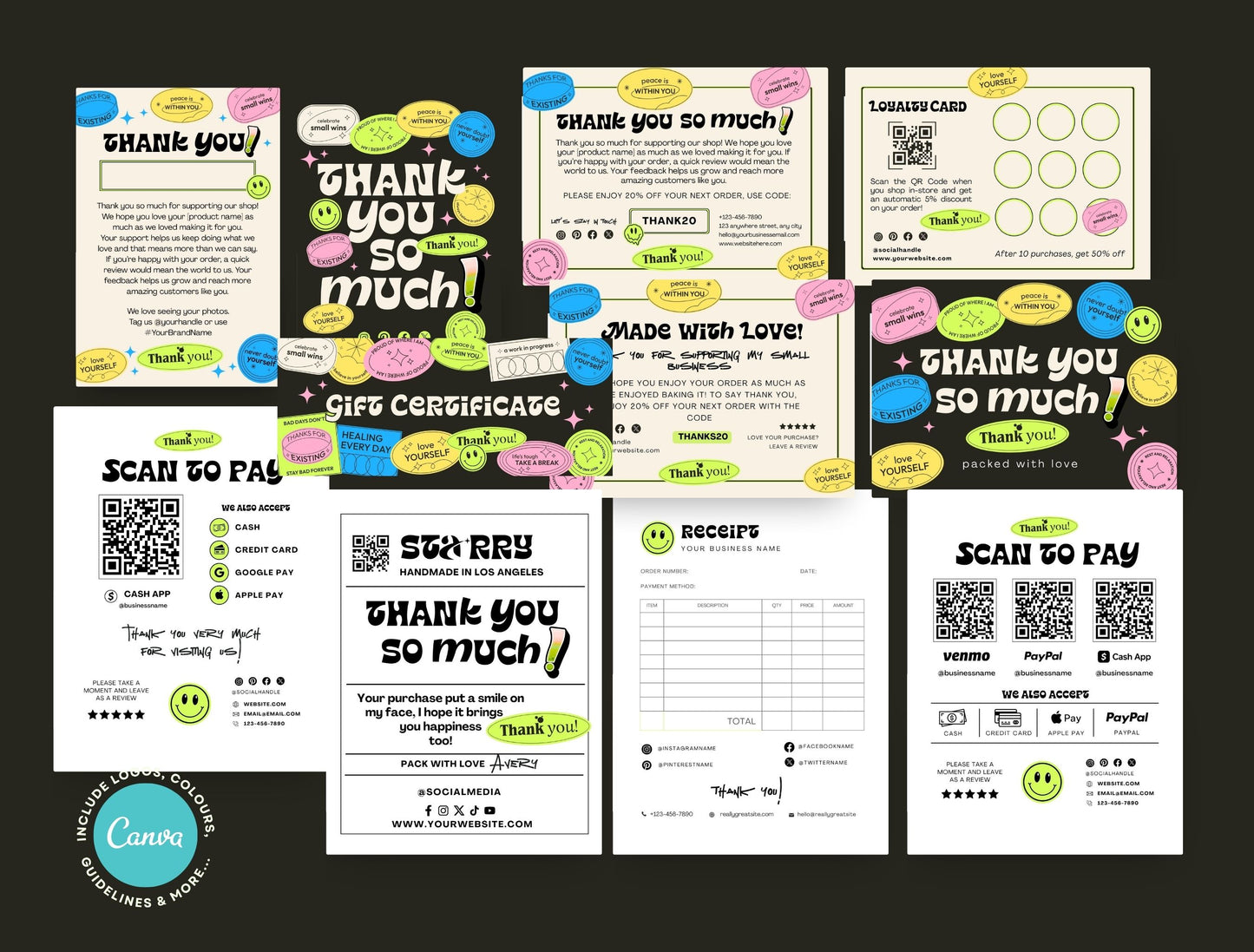 Small Business Printable Kit Canva Templates – Thank You Card, Loyalty Card, Gift Certificate, QR Code Payment Starry Theme
