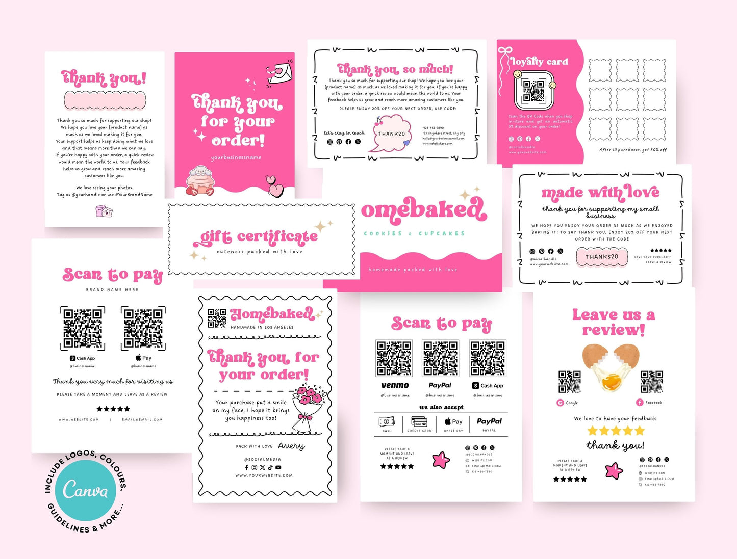 Small Business Printable Kit Canva Templates – Thank You Card, Loyalty Card, Gift Certificate, QR Code Payment Homebaked Bakery Pink Cafe Theme