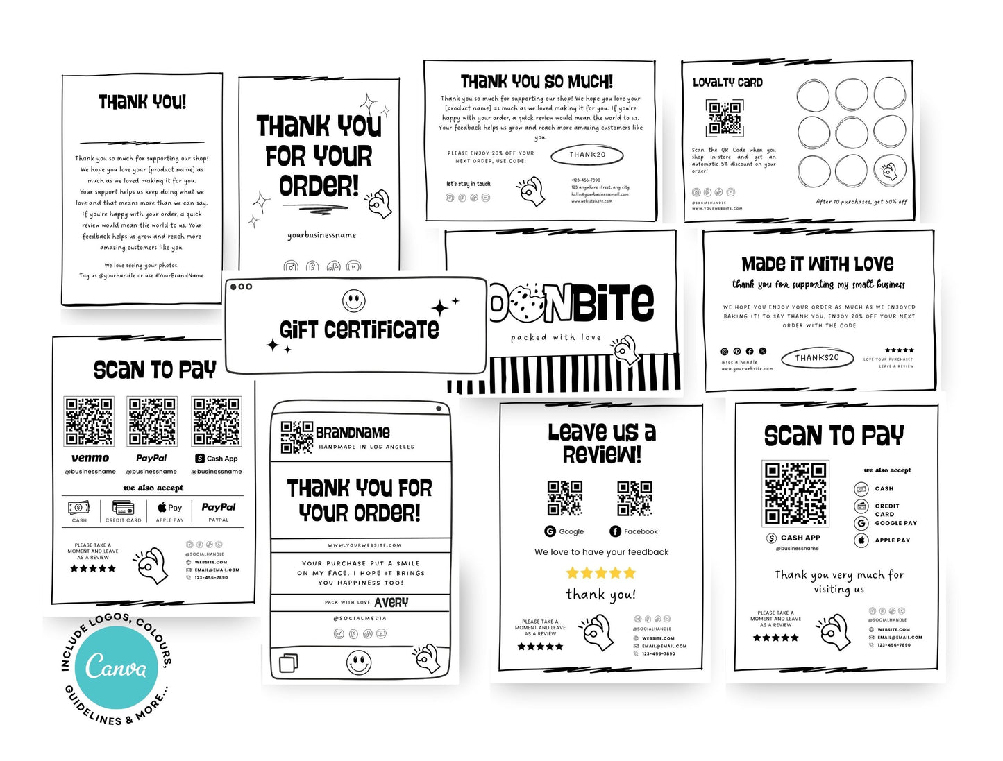 Small Business Printable Kit Canva Templates – Thank You Card, Loyalty Card, Gift Certificate, QR Code Payment toonbite Bakery Playful 2d Cafe Theme
