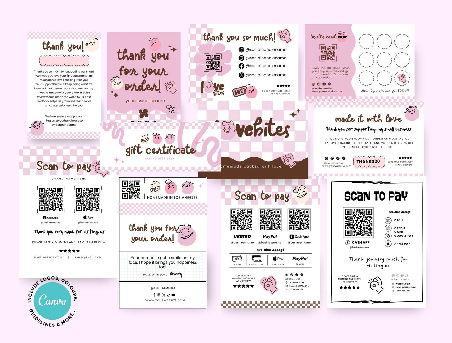 Small Business Printable Kit Canva Templates – Thank You Card, Loyalty Card, Gift Certificate, QR Code Payment lovebites Bakery Playful Cafe Theme