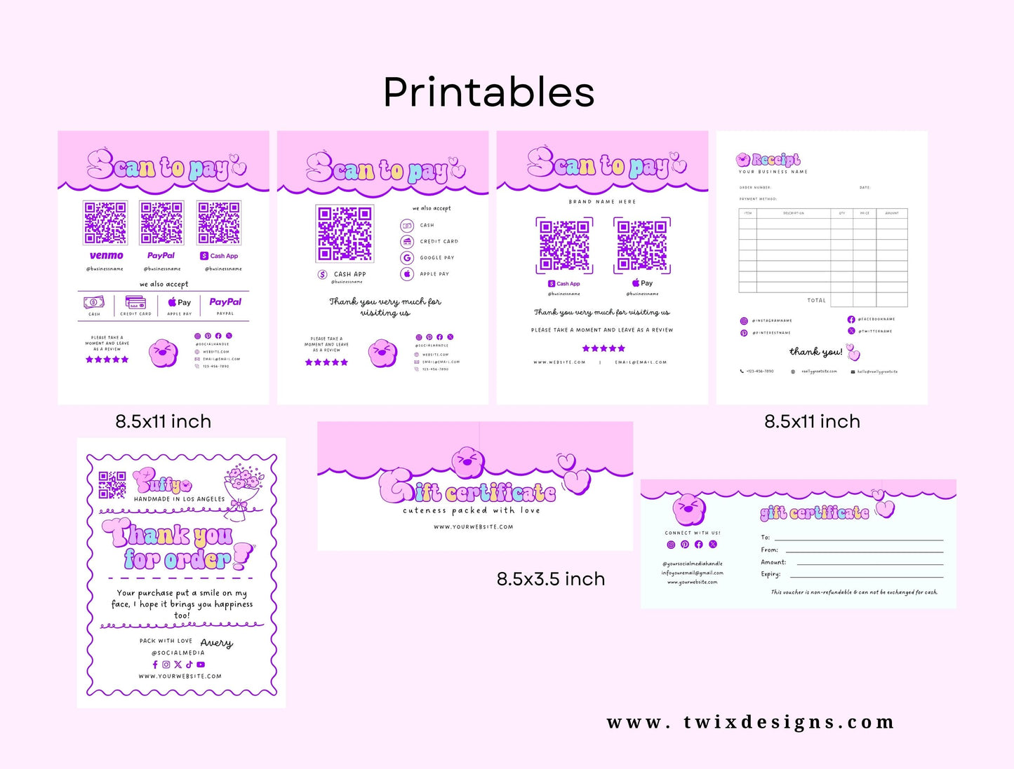 Small Business Printable Kit Canva Templates – Thank You Card, Loyalty Card, Gift Certificate, QR Code Payment Puffy Theme