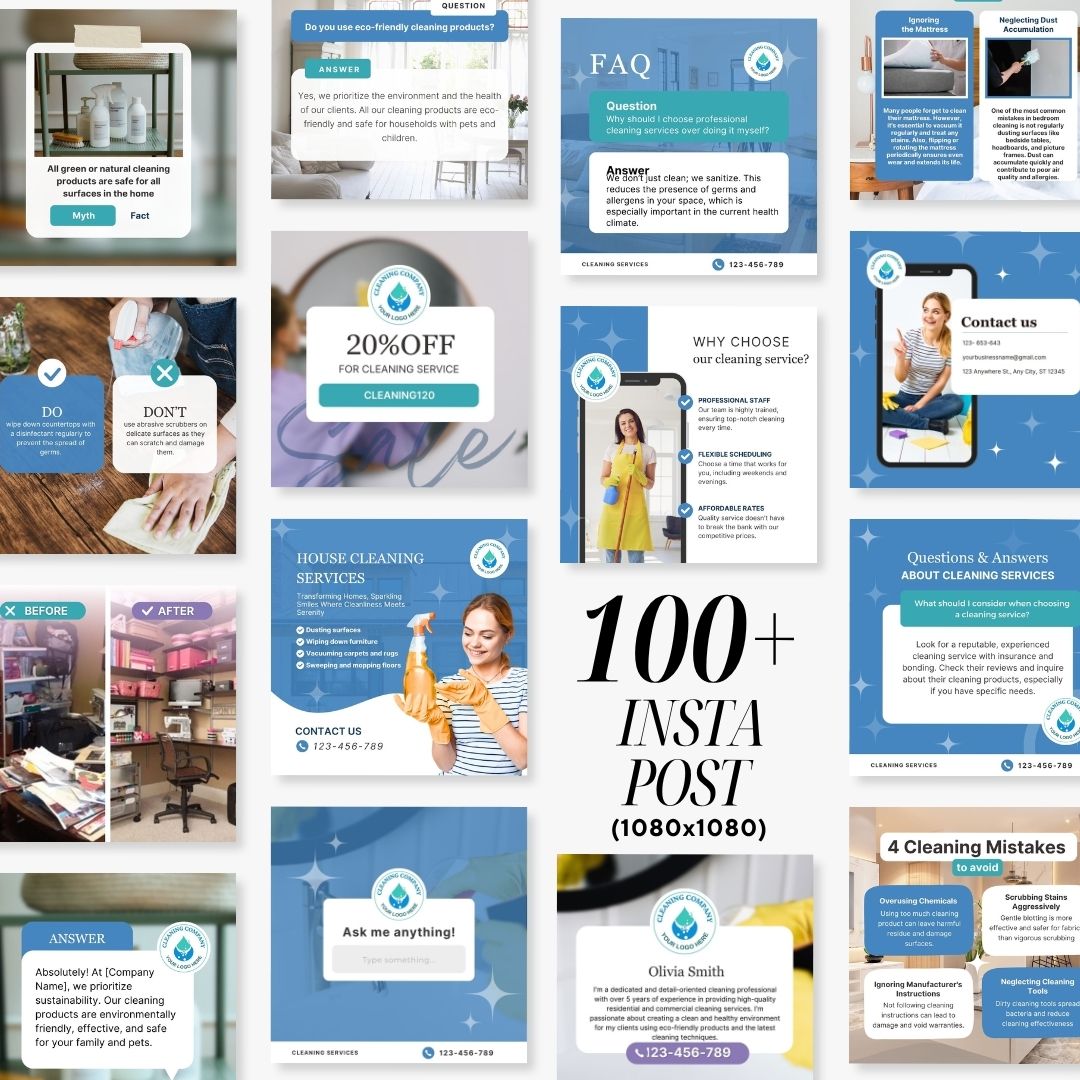 Cleaning Services Bundle, Business Forms, Door Hanger, Flyers, Business Card, Social Media Post, Canva Templates Blue Themes