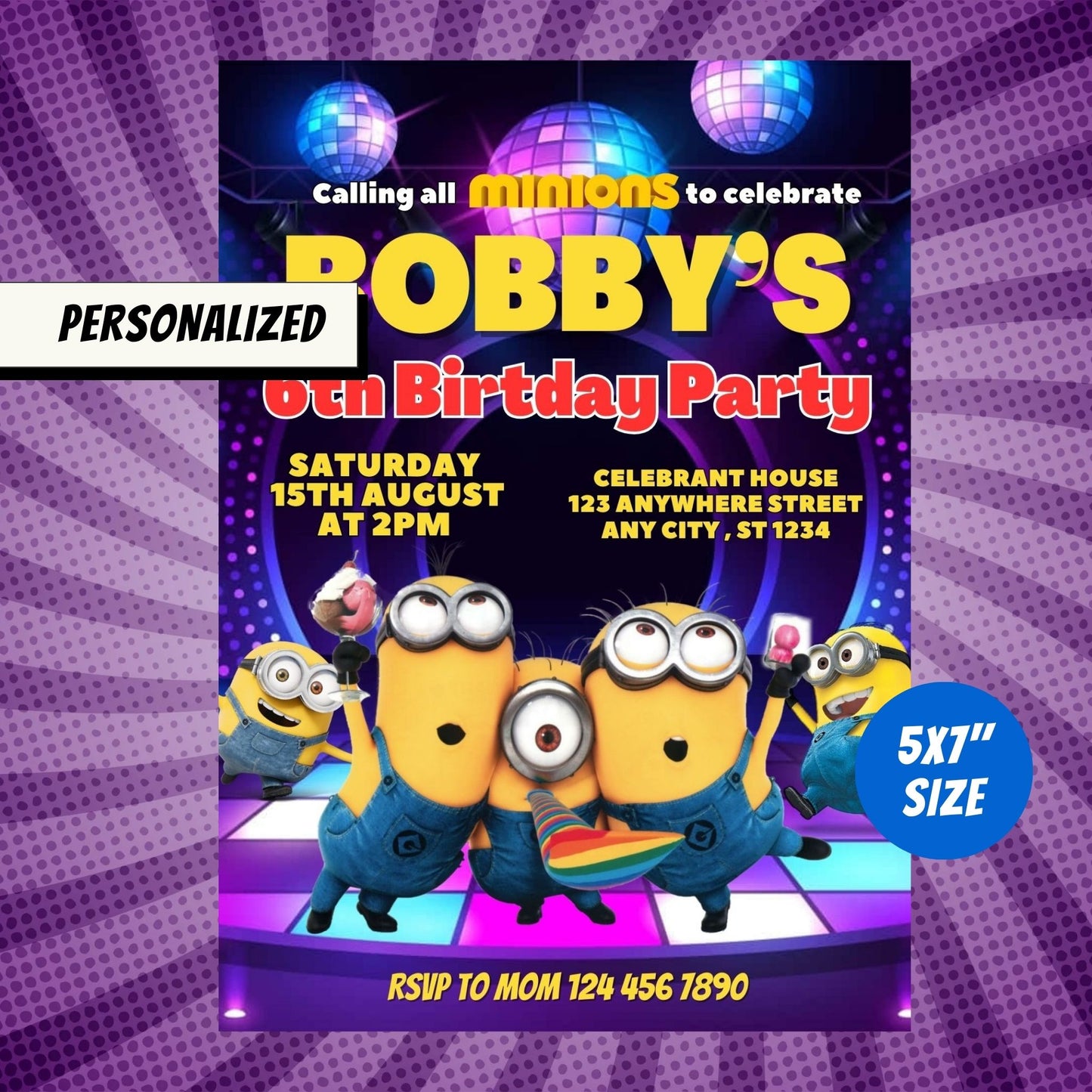 Yellow Minions Disco Party Custom Birthday Invitation
