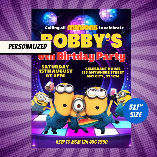 Yellow Minions Disco Party Custom Birthday Invitation