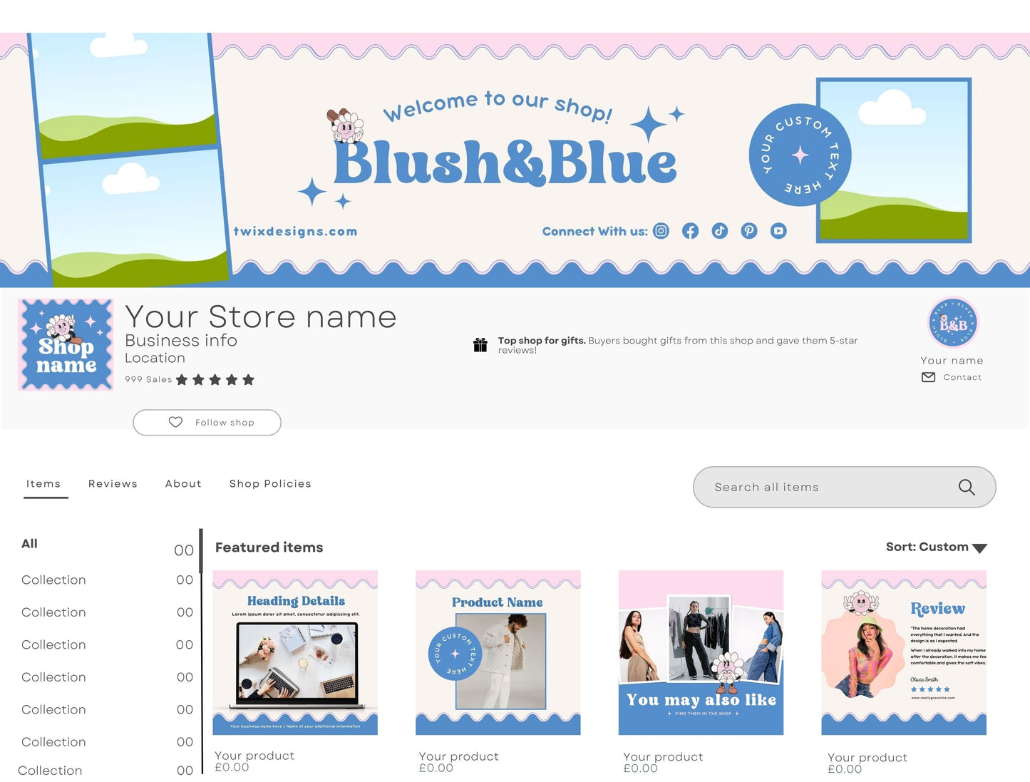 Etsy Shop Kit Blush&Blue Bundle, Editable Canva Templates, Product Listing Photos Mockup, Etsy Seller Store Branding