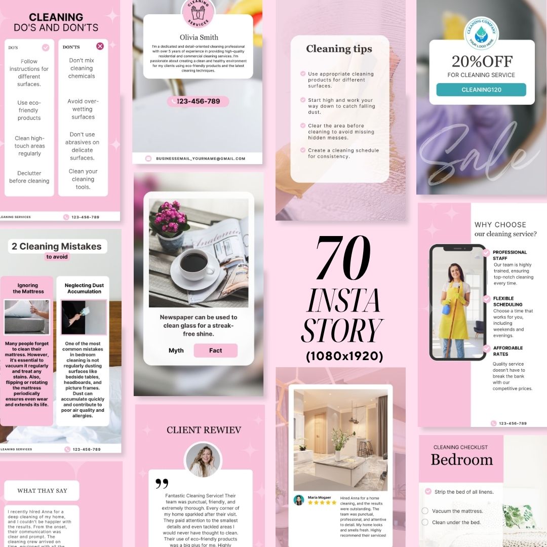 Cleaning Services Bundle, Business Forms, Door Hanger, Flyers, Business Card, Social Media Post, Canva Templates Pink Theme