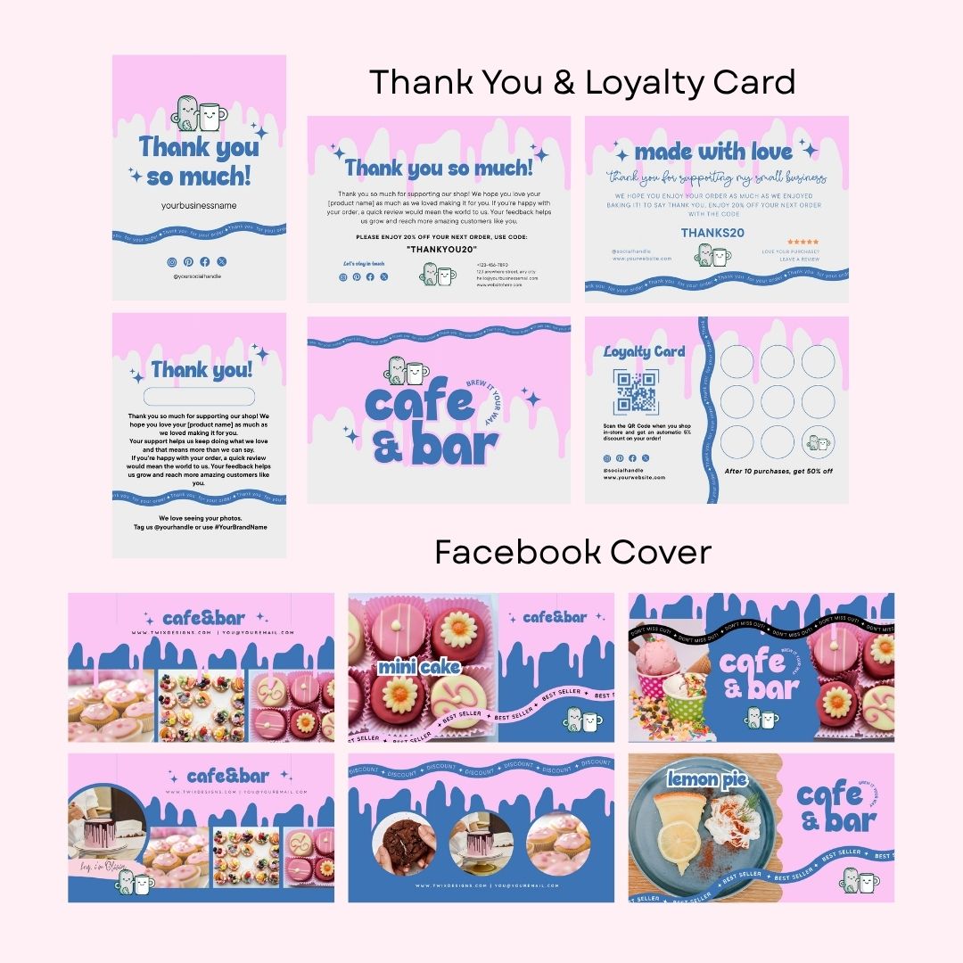 Branding Kit Cafebar Editable Canva Templates Business Cards Marketing Posts Blue Pink Theme