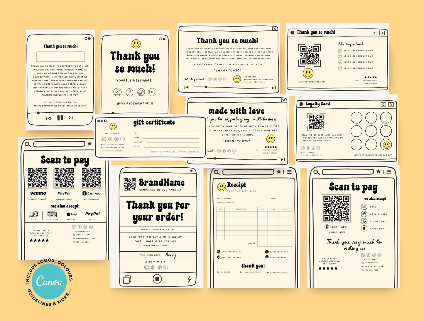 Small Business Printable Kit Canva Templates – Thank You Card, Loyalty Card, Gift Certificate, QR Code Payment Retroframe Theme