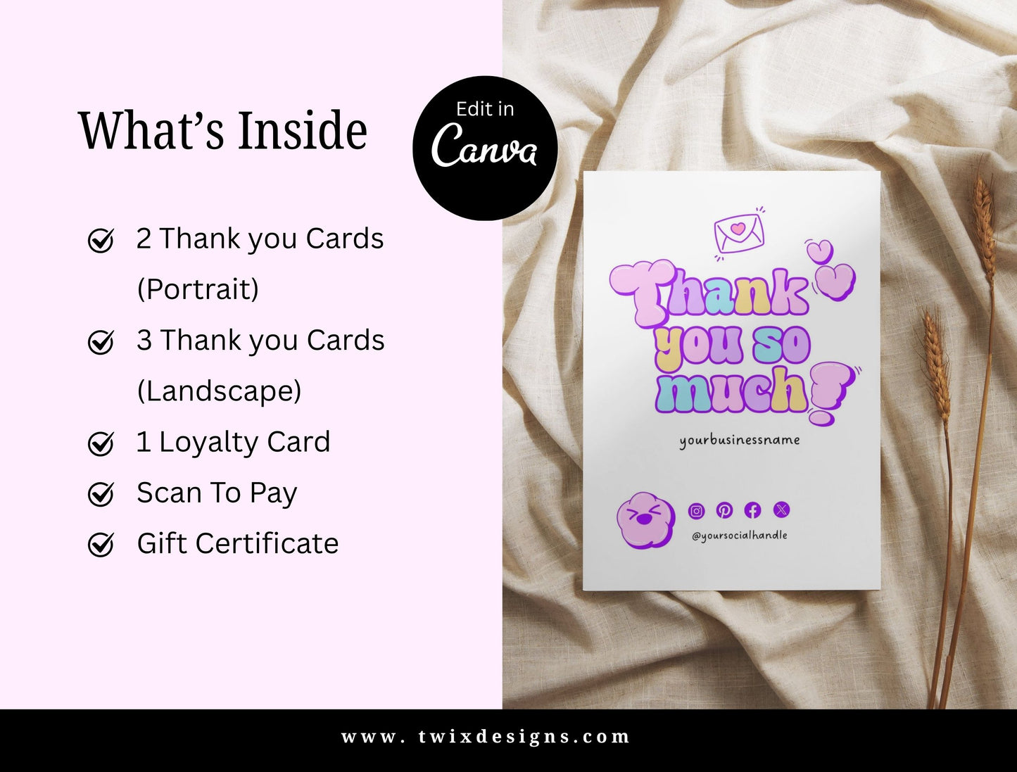 Small Business Printable Kit Canva Templates – Thank You Card, Loyalty Card, Gift Certificate, QR Code Payment Puffy Theme