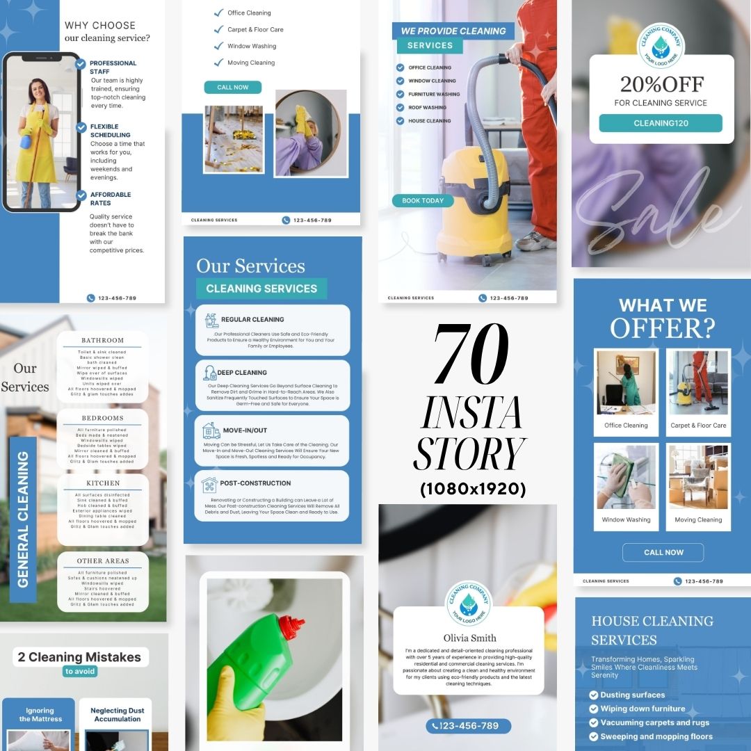 Cleaning Services Bundle, Business Forms, Door Hanger, Flyers, Business Card, Social Media Post, Canva Templates Blue Themes