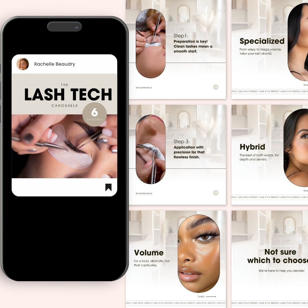 30 Lash Tech Carousel Instagram Posts Editable Canva Template