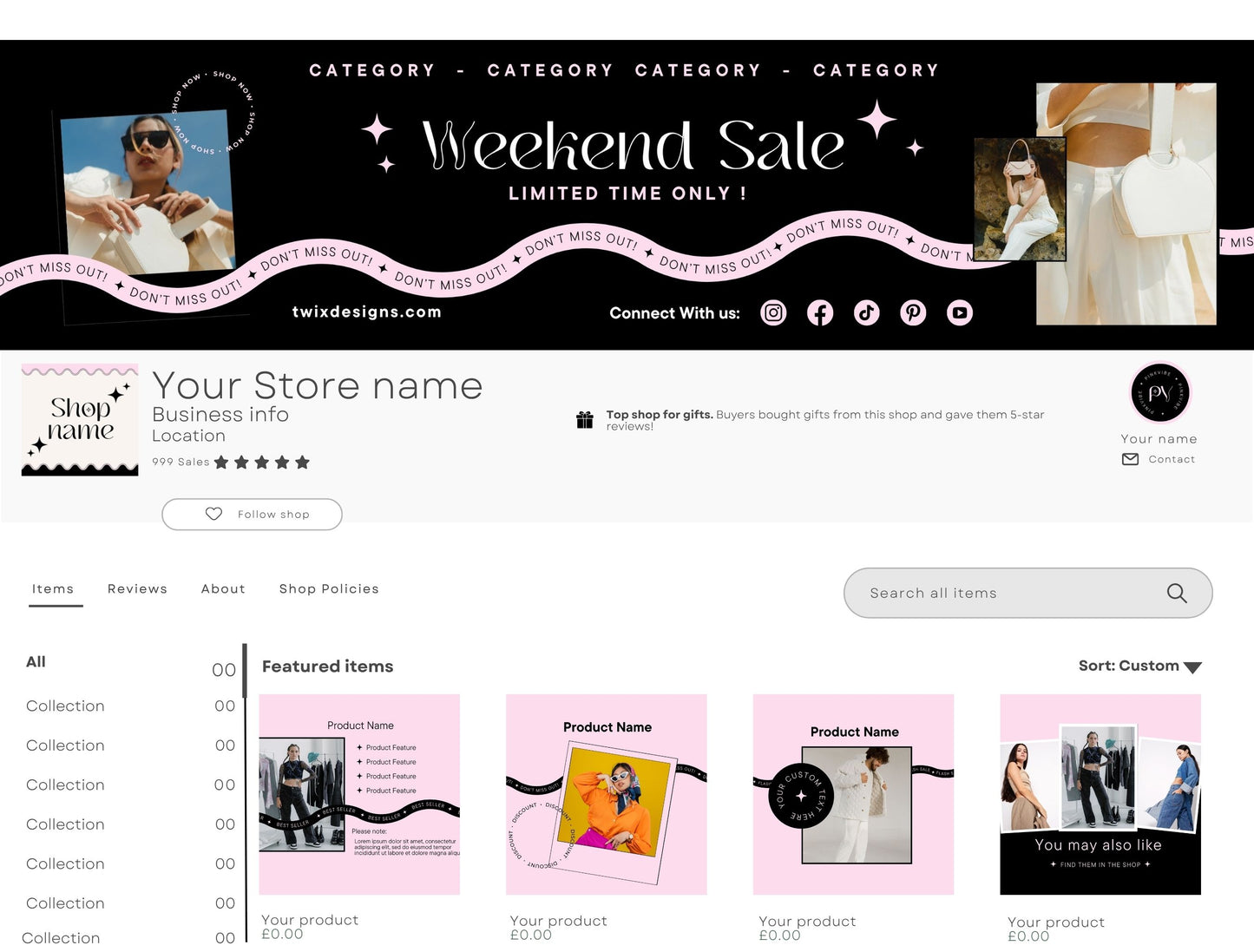 Etsy Shop Kit Pinkvibe Bundle, Editable Canva Templates, Product Listing Photos Mockup, Etsy Seller Retro Drawn Store Branding