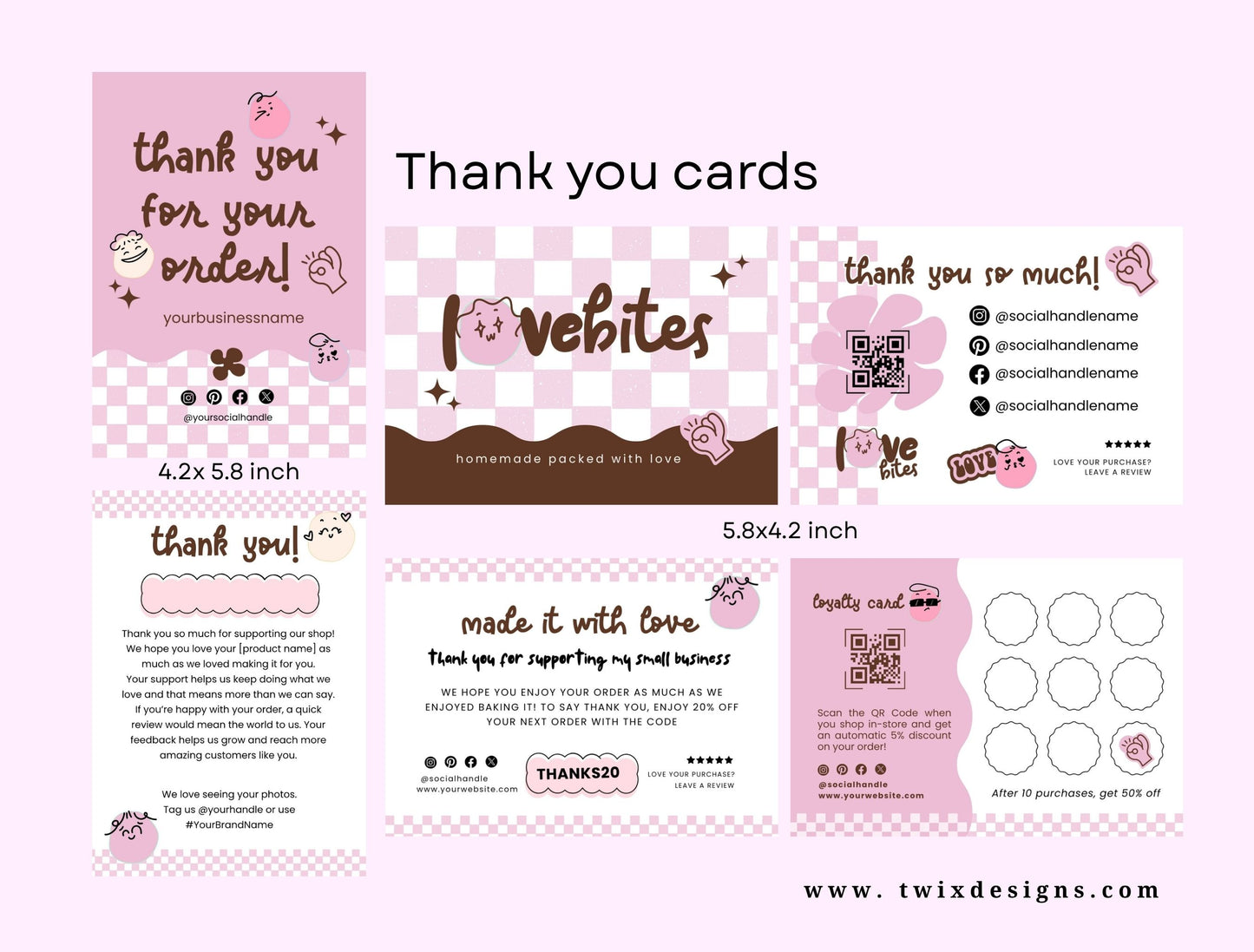 Small Business Printable Kit Canva Templates – Thank You Card, Loyalty Card, Gift Certificate, QR Code Payment lovebites Bakery Playful Cafe Theme