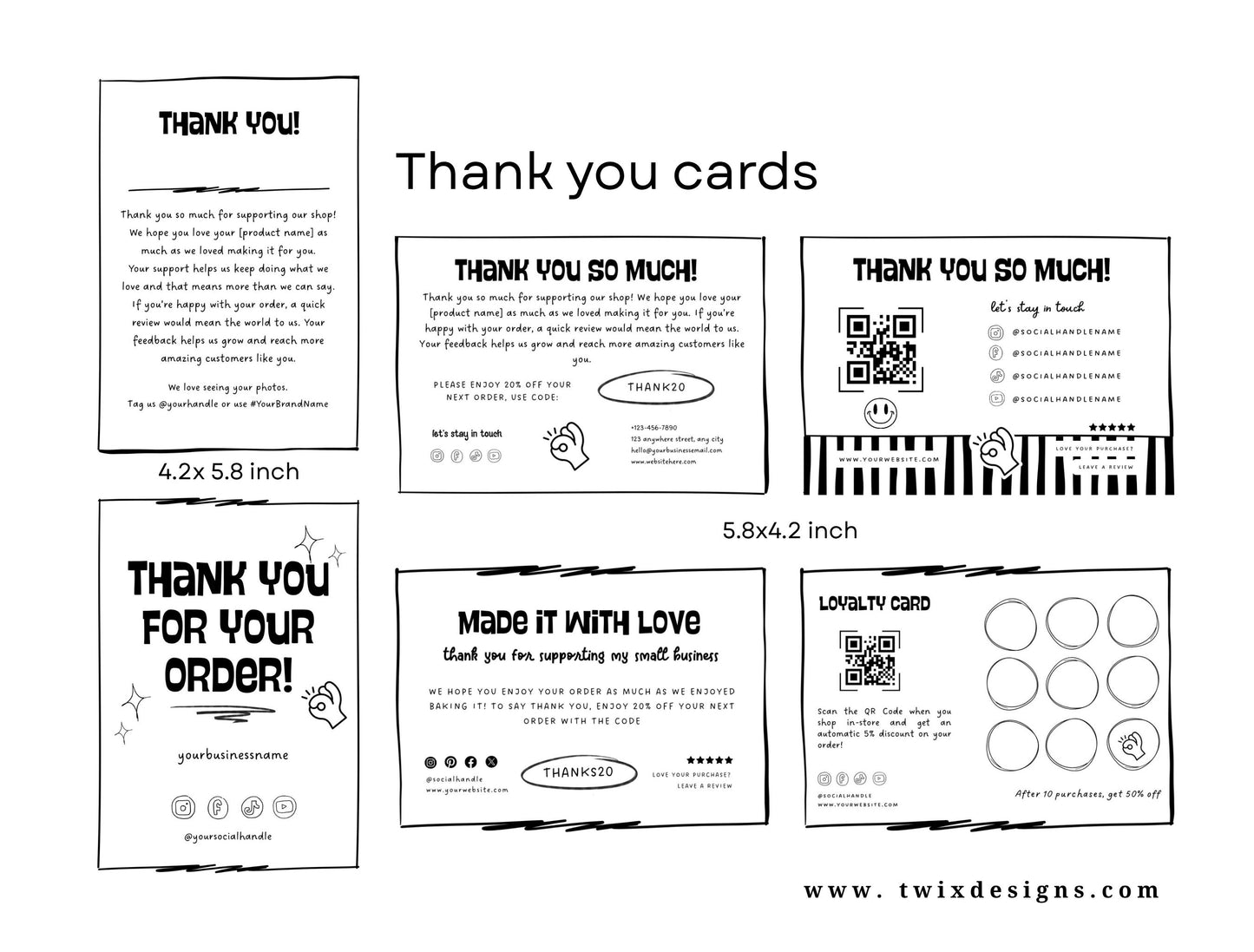Small Business Printable Kit Canva Templates – Thank You Card, Loyalty Card, Gift Certificate, QR Code Payment toonbite Bakery Playful 2d Cafe Theme