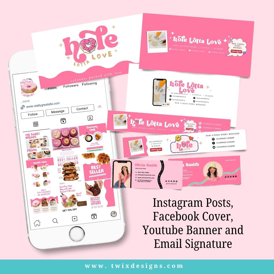 Branding Kit Cute Hole Lotta Love Editable Canva Templates Business Cards Marketing Posts Sweet Pink Theme