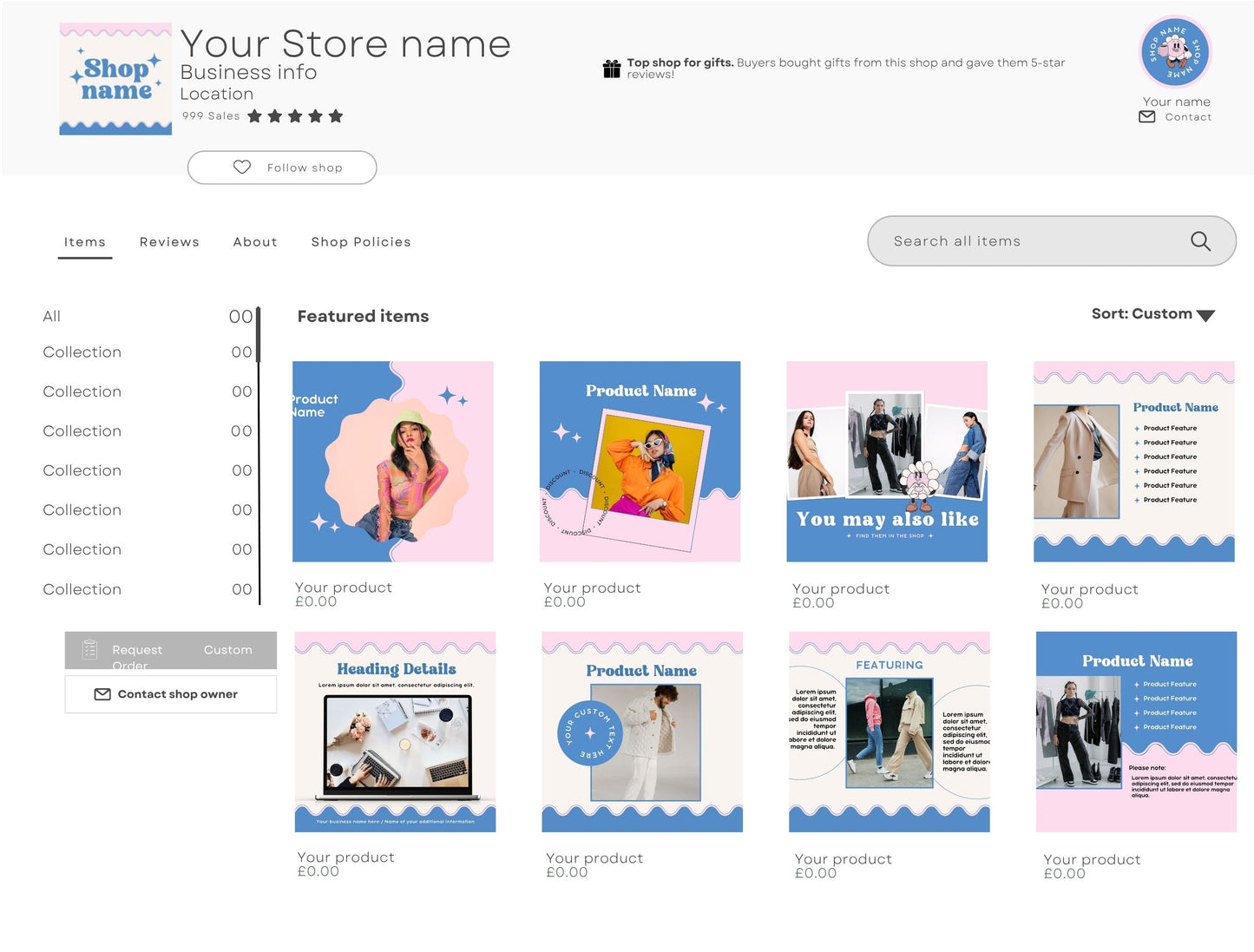 Etsy Shop Kit Blush&Blue Bundle, Editable Canva Templates, Product Listing Photos Mockup, Etsy Seller Store Branding