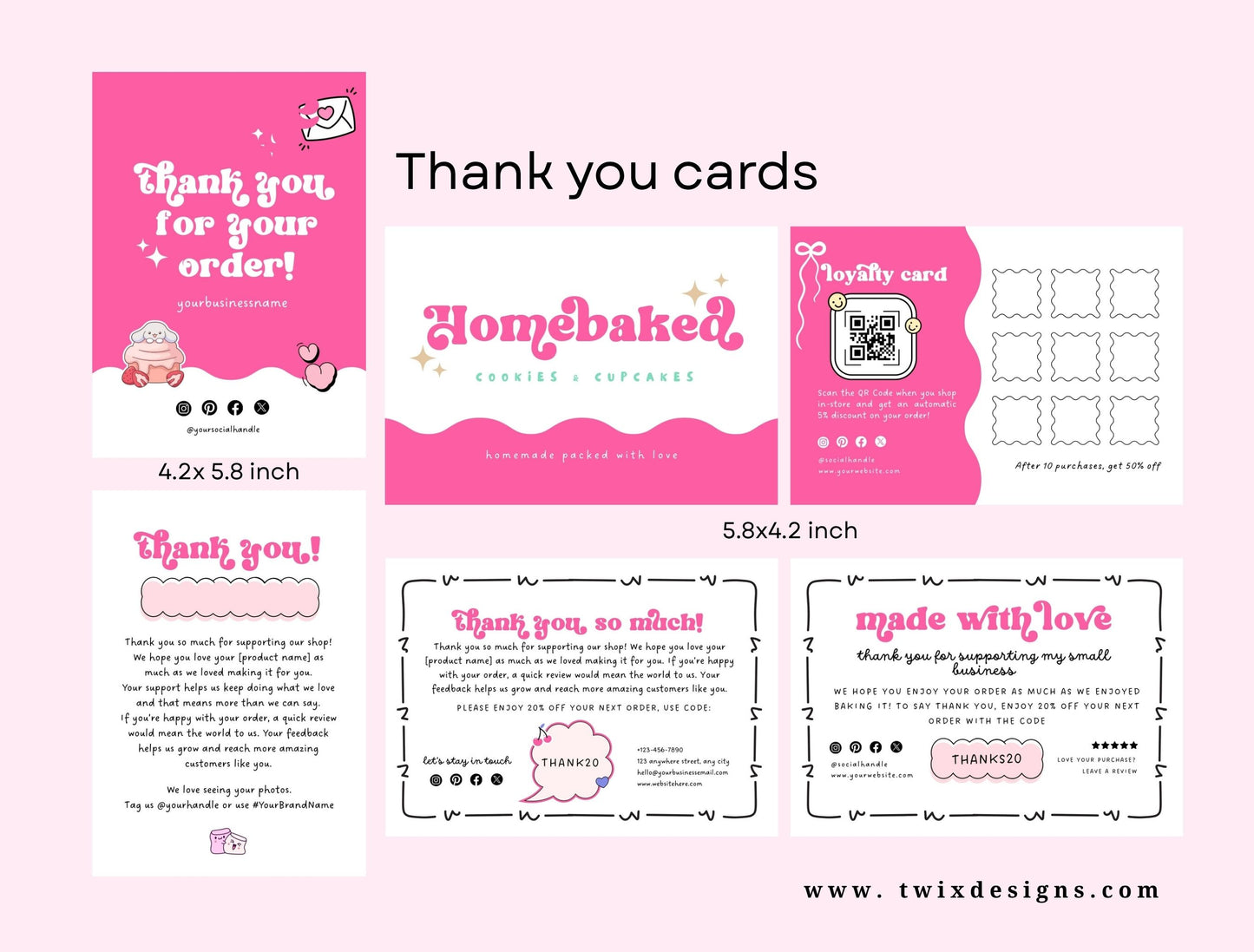 Small Business Printable Kit Canva Templates – Thank You Card, Loyalty Card, Gift Certificate, QR Code Payment Homebaked Bakery Pink Cafe Theme