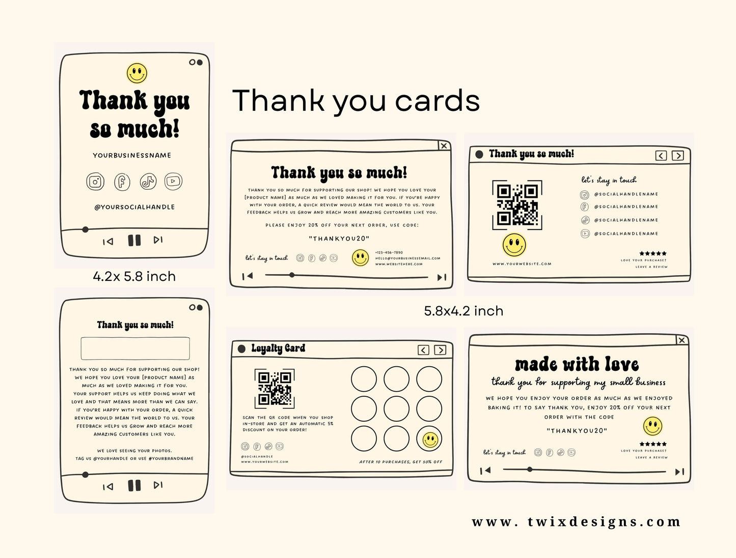 Small Business Printable Kit Canva Templates – Thank You Card, Loyalty Card, Gift Certificate, QR Code Payment Retroframe Theme