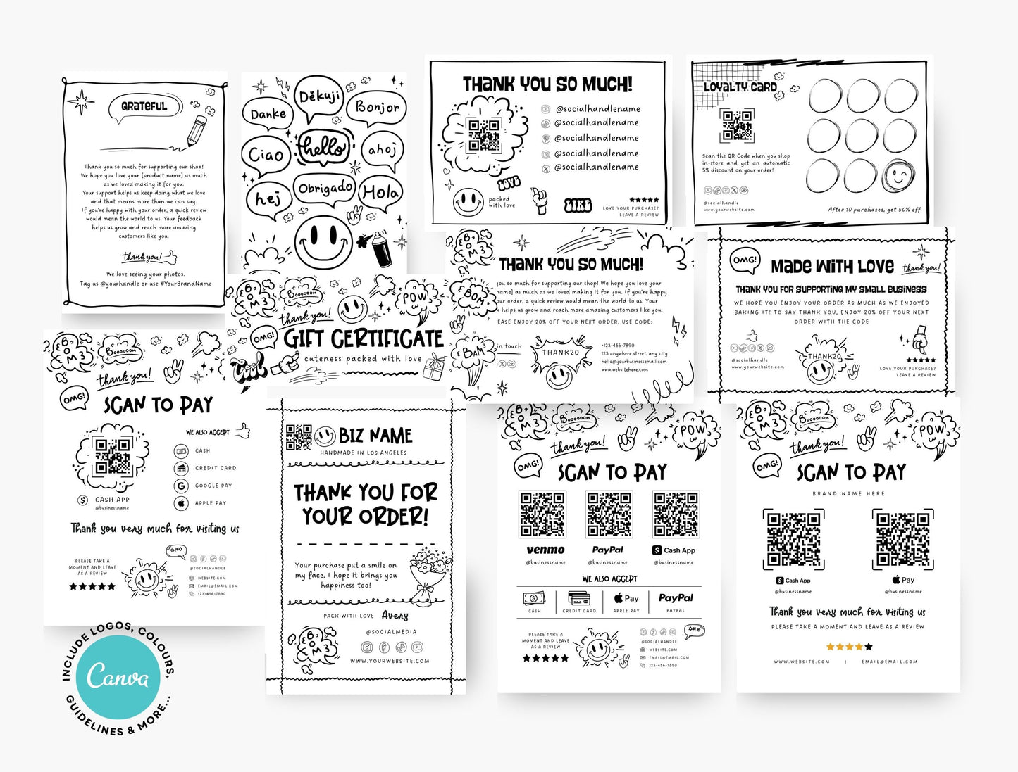 Small Business Printable Canva Templates – Thank You & Loyalty Card, Gift Certificate, QR Code Payment comiko Theme