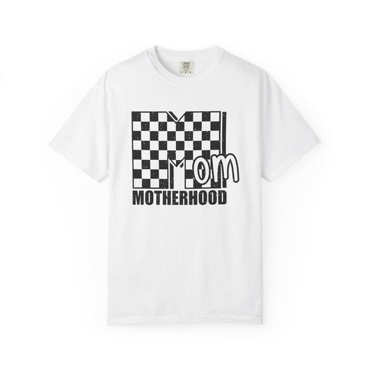 Mom Life Garment-Dyed T-shirt, Unisex Tee, Mother's Day Gift, Casual Wear, Checkerboard Pattern, Comfortable Mom Shirt
