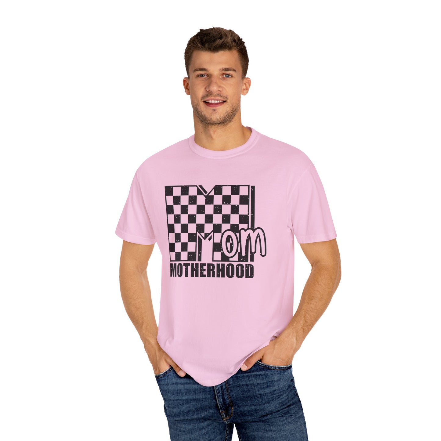 Mom Life Garment-Dyed T-shirt, Unisex Tee, Mother's Day Gift, Casual Wear, Checkerboard Pattern, Comfortable Mom Shirt