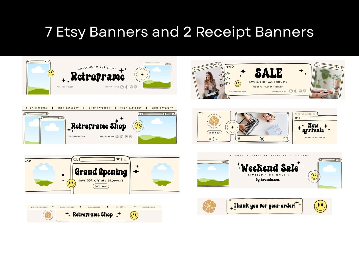 Etsy Shop Kit Retroframe Bundle, Editable Canva Templates, Product Listing Photos Mockup, Etsy Seller Retro Drawn Store Branding