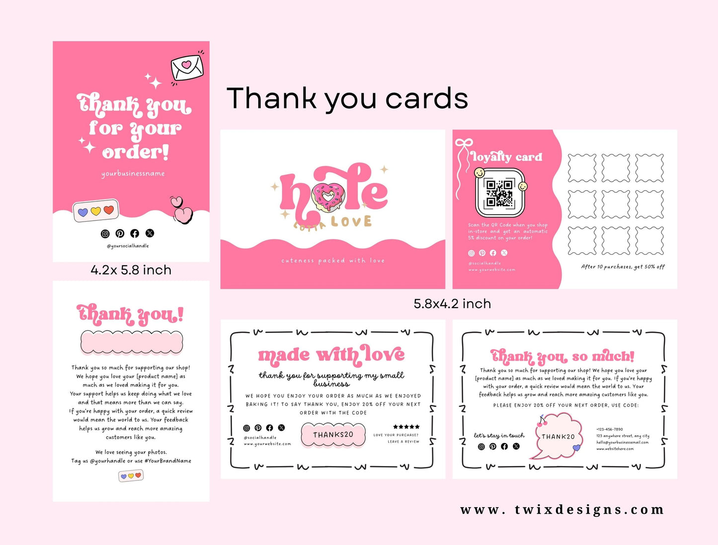 Small Business Printable Kit Canva Templates – Thank You Card, Loyalty Card, Gift Certificate, QR Code Payment Hole Lotta Love Bakery Pink Cafe Theme