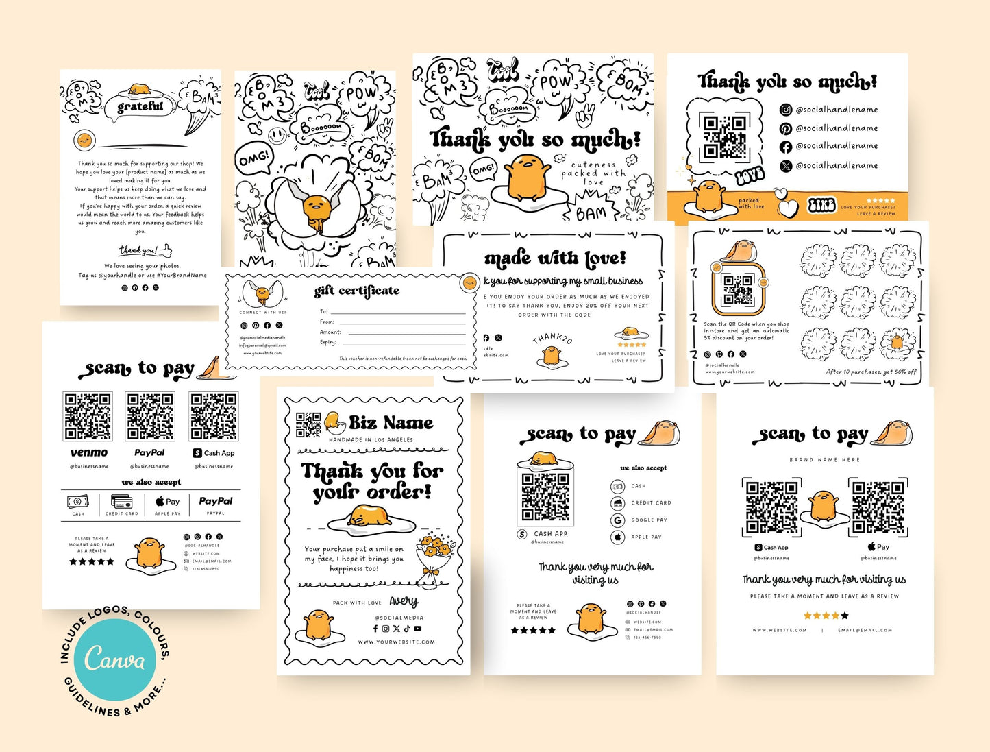 Small Business Printable Canva Templates – Thank You & Loyalty Card, Gift Certificate, QR Code Payment Gudetama Playful Fun Theme