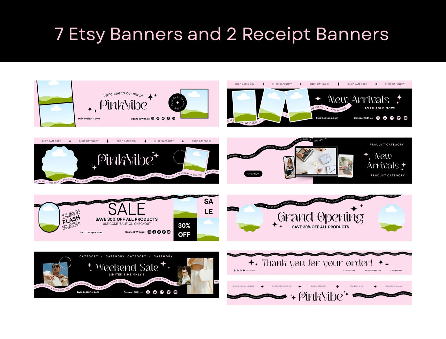 Etsy Shop Kit Pinkvibe Bundle, Editable Canva Templates, Product Listing Photos Mockup, Etsy Seller Retro Drawn Store Branding