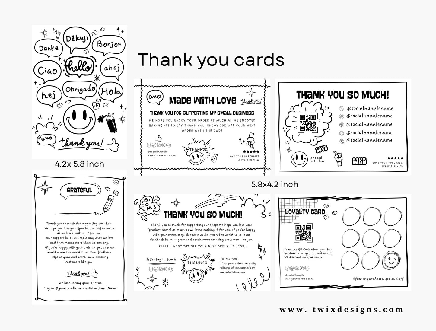 Small Business Printable Canva Templates – Thank You & Loyalty Card, Gift Certificate, QR Code Payment comiko Theme