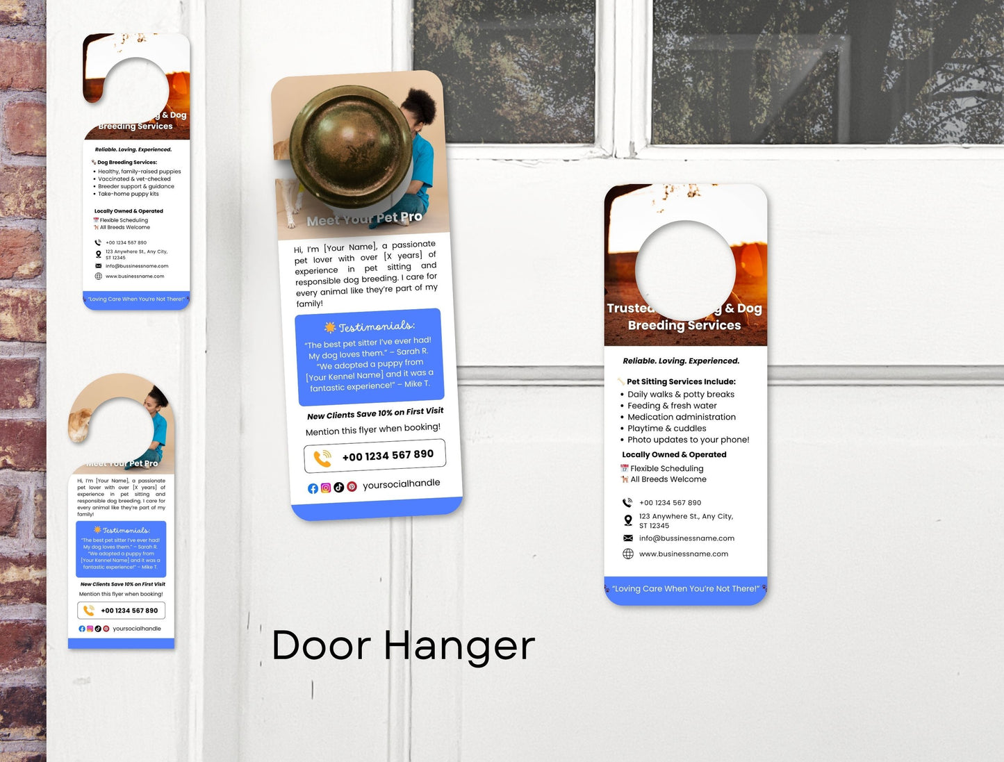 Pet Business Printable Canva Templates – Thank You & Loyalty Card, Door Hanger QR Code SnuggleTails Blue Theme