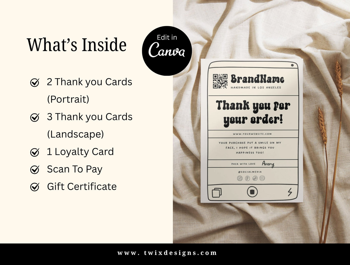 Small Business Printable Kit Canva Templates – Thank You Card, Loyalty Card, Gift Certificate, QR Code Payment Retroframe Theme
