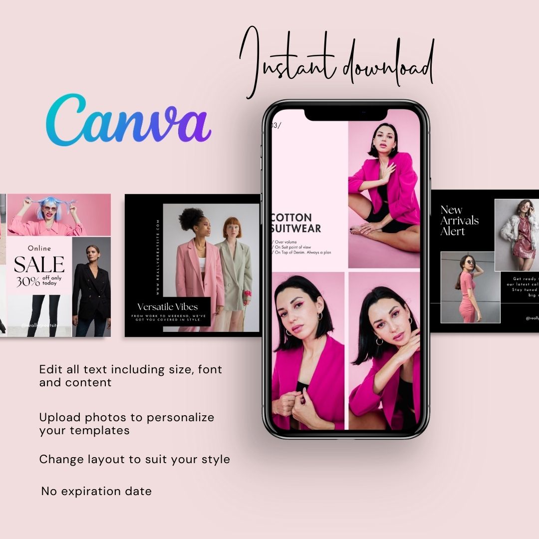 600 BlackPink Fashion Social Media Instagram, Clothing business brand, Editable Canva Templates