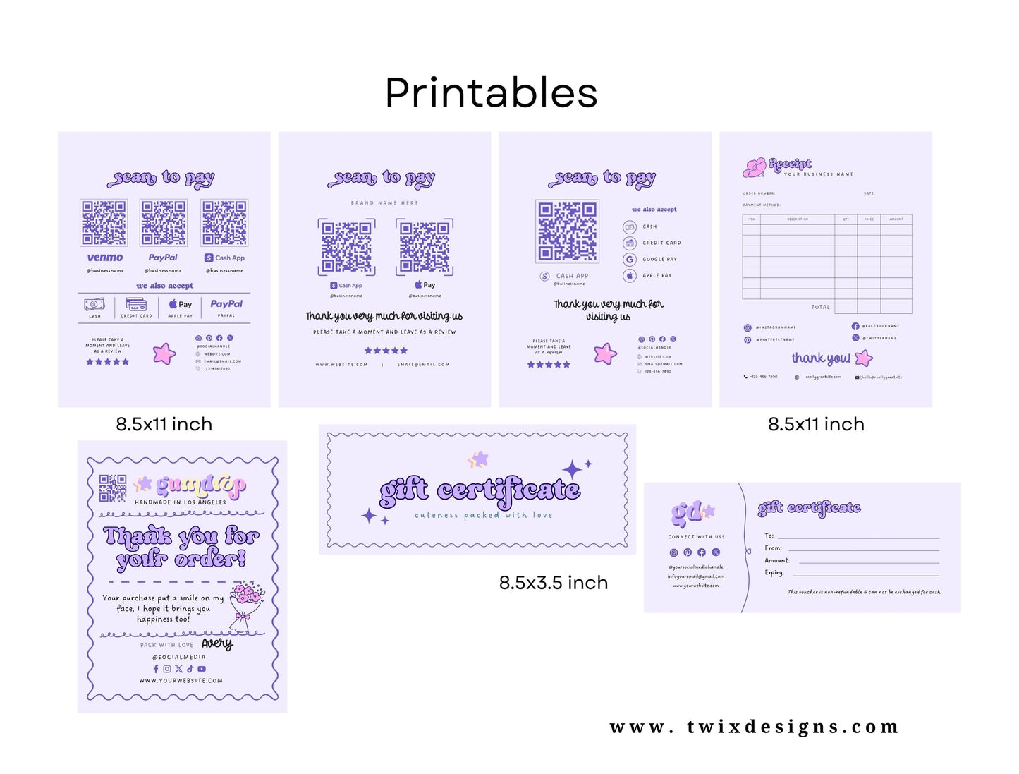 Small Business Printable Kit Canva Templates – Thank You Card, Loyalty Card, Gift Certificate, QR Code Payment Gumdrop Theme