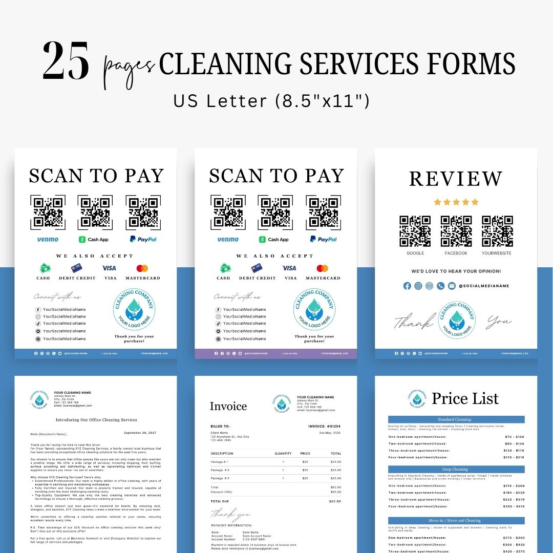 Cleaning Services Bundle, Business Forms, Door Hanger, Flyers, Business Card, Social Media Post, Canva Templates Blue Themes
